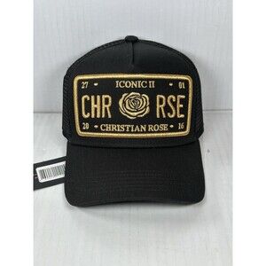 Christian Rose London Iconic II Trucker Mesh Hat Cap Black/Gold Plate NWT